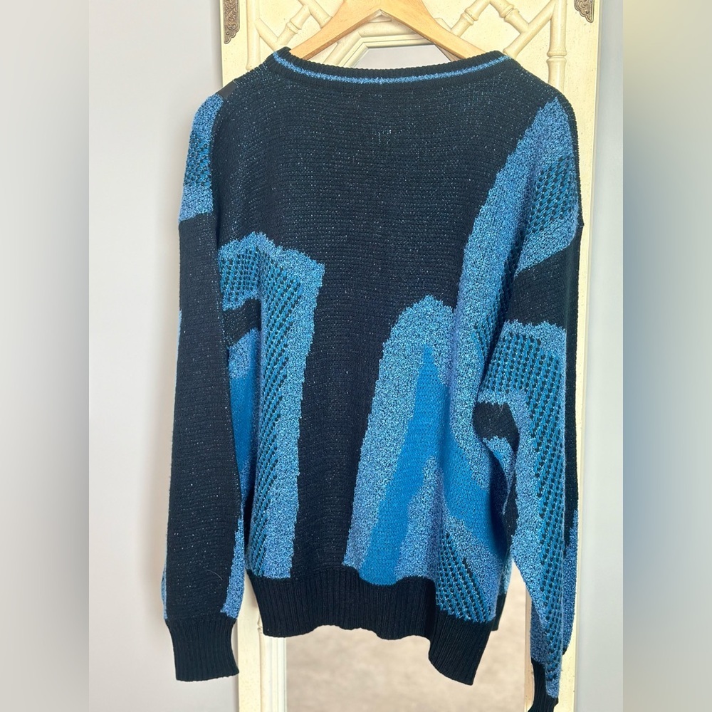 Vintage Black and Blue Abstract Acrylic Crewneck Sweater with Leather accents - Picture 7 of 9